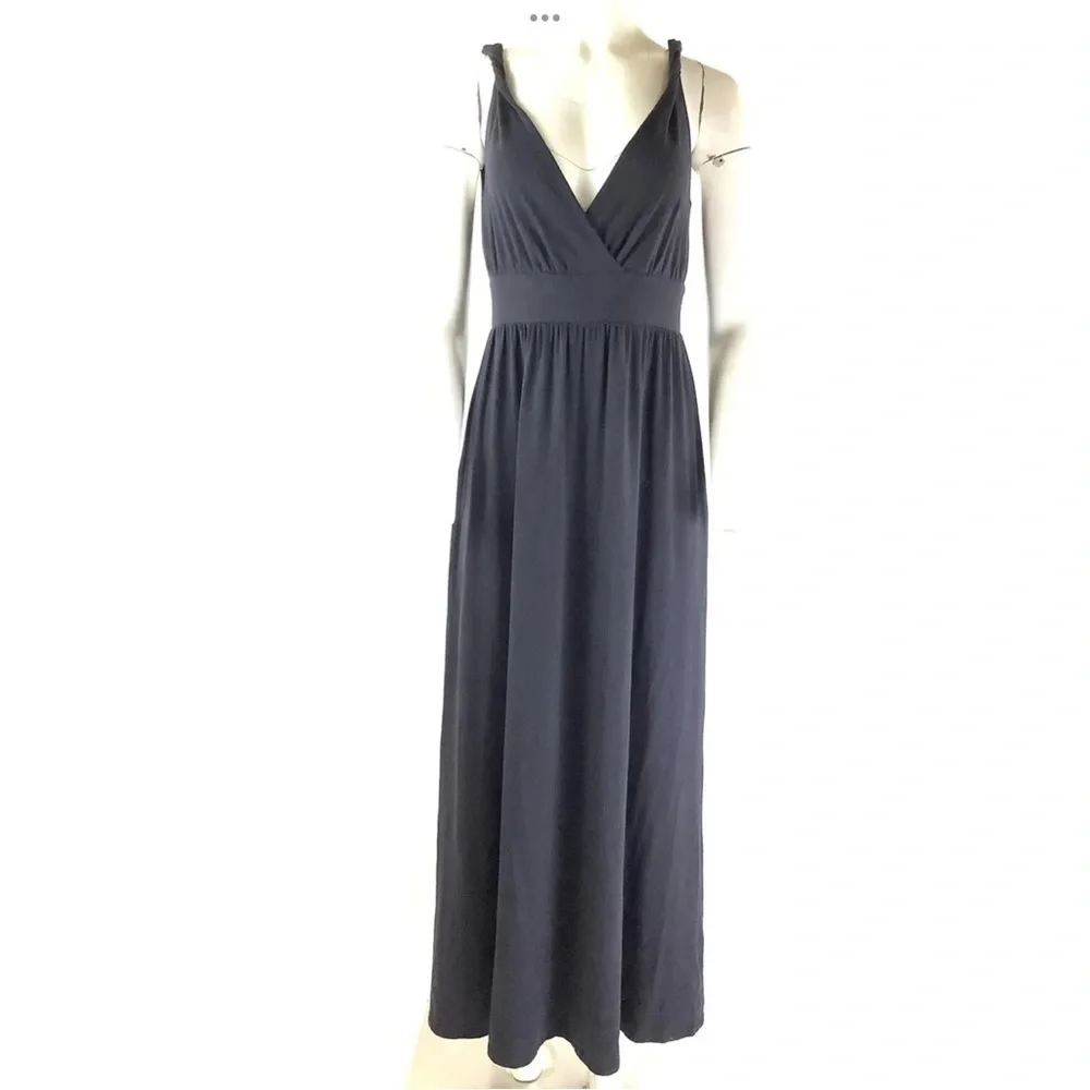 Garnet Hill Sz XS Twist Arm Maxi Dress Navy Blue Cotton Rayon V Neck Pullover